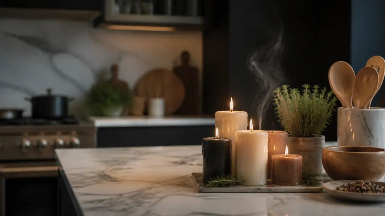 Cuisine chaleureuse avec bougie artisanale allumée et herbes fraîches