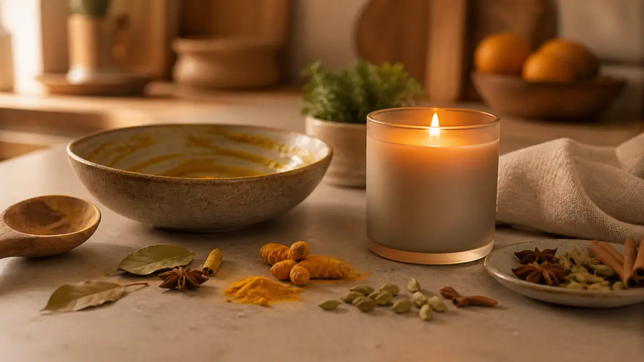 Bougie culinaire HomeAroma allumée dans une cuisine chaleureuse après la préparation d'un curry