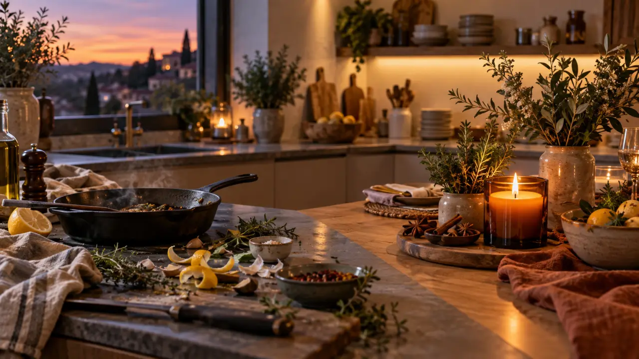Bougie culinaire artisanale allumée dans une cuisine chaleureuse