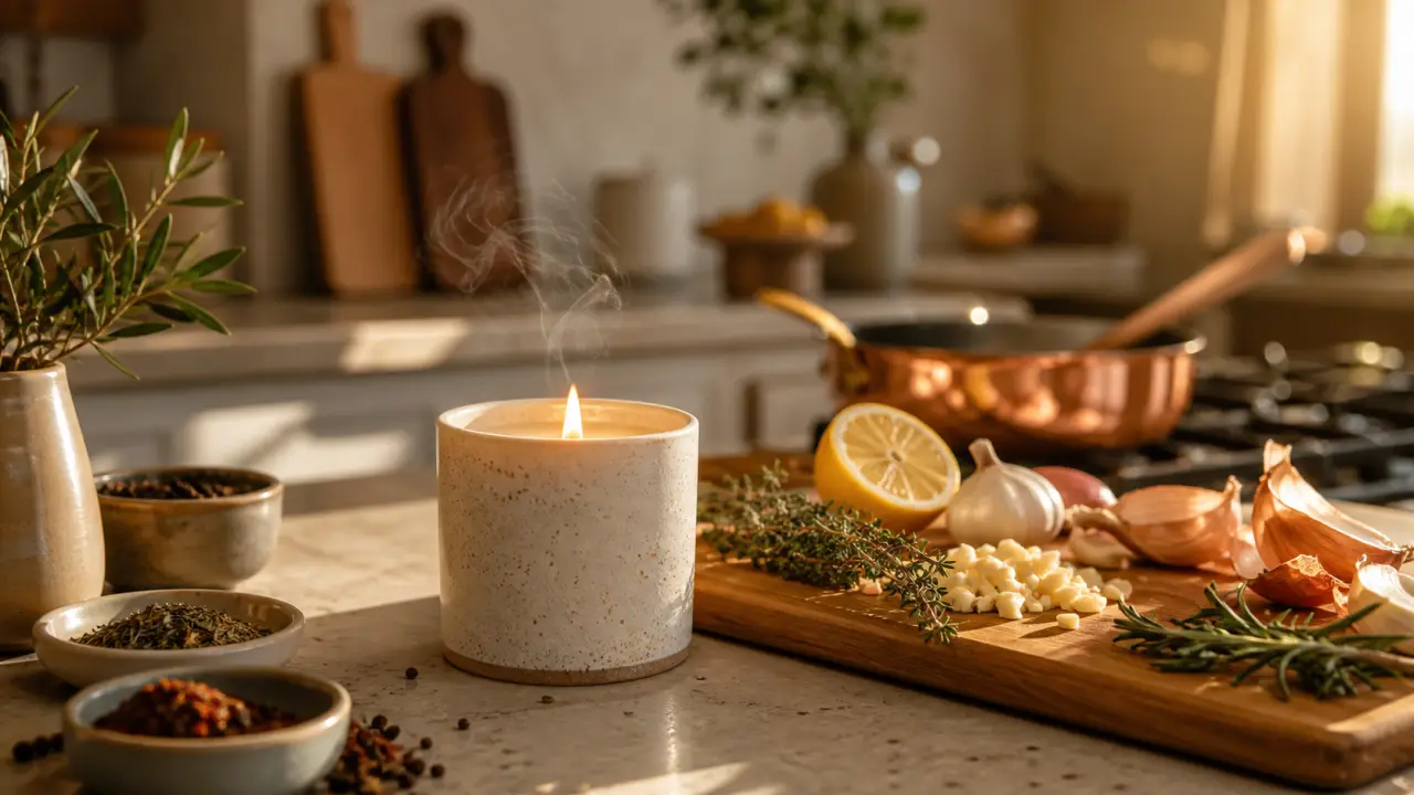 Cuisine chaleureuse avec une bougie artisanale allumée, herbes fraîches et lumière naturelle