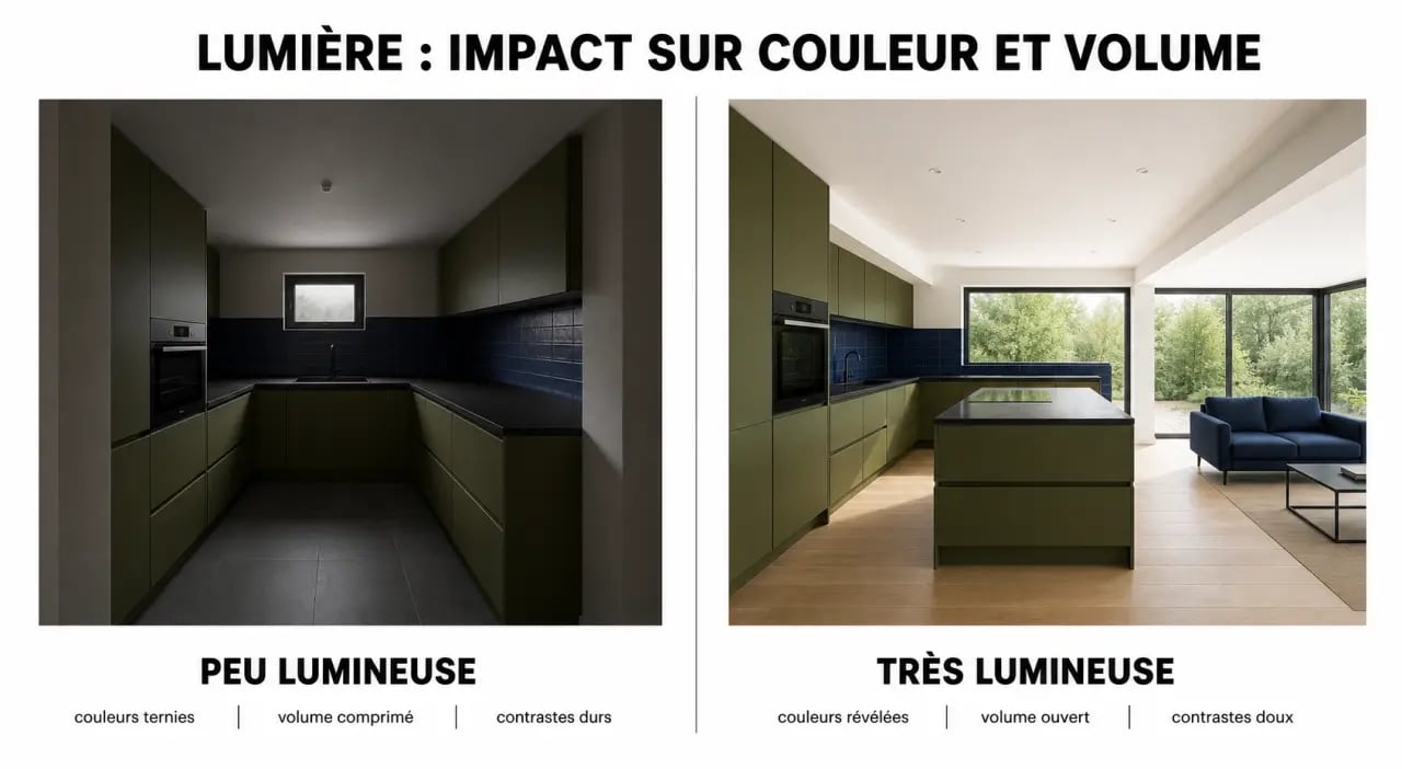 Couleur tendance 2025 cuisine : comparaison visuelle entre petite cuisine sombre et cuisine ouverte lumineuse