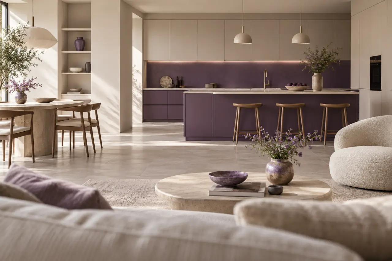 Cuisine violette ouverte sur le séjour avec meubles mauves, continuité visuelle et rappel discret dans la décoration