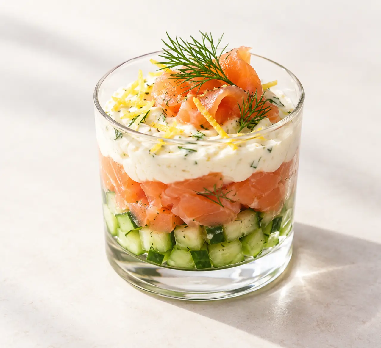 Recettes entrées gastronomiques : verrines de saumon fumé, concombre et crème citronnée