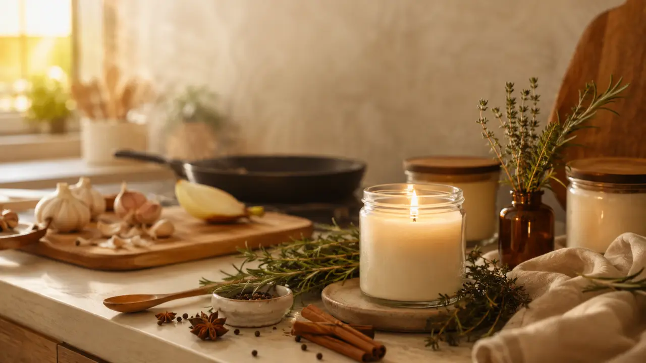 Cuisine chaleureuse avec bougie artisanale allumée, herbes fraîches et lumière naturelle