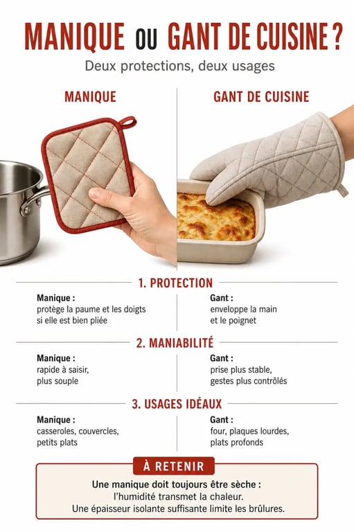 Manique cuisine comparée à un gant de cuisine pour comprendre usages et protection