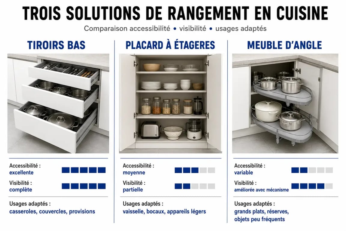 Comment organiser la cuisine : comparaison des tiroirs, placards et meuble d’angle
