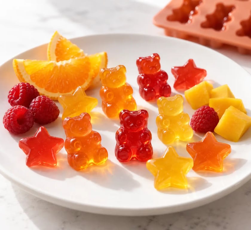 Recette bonbon maison aux fruits, bonbons gélifiés colorés sur une assiette