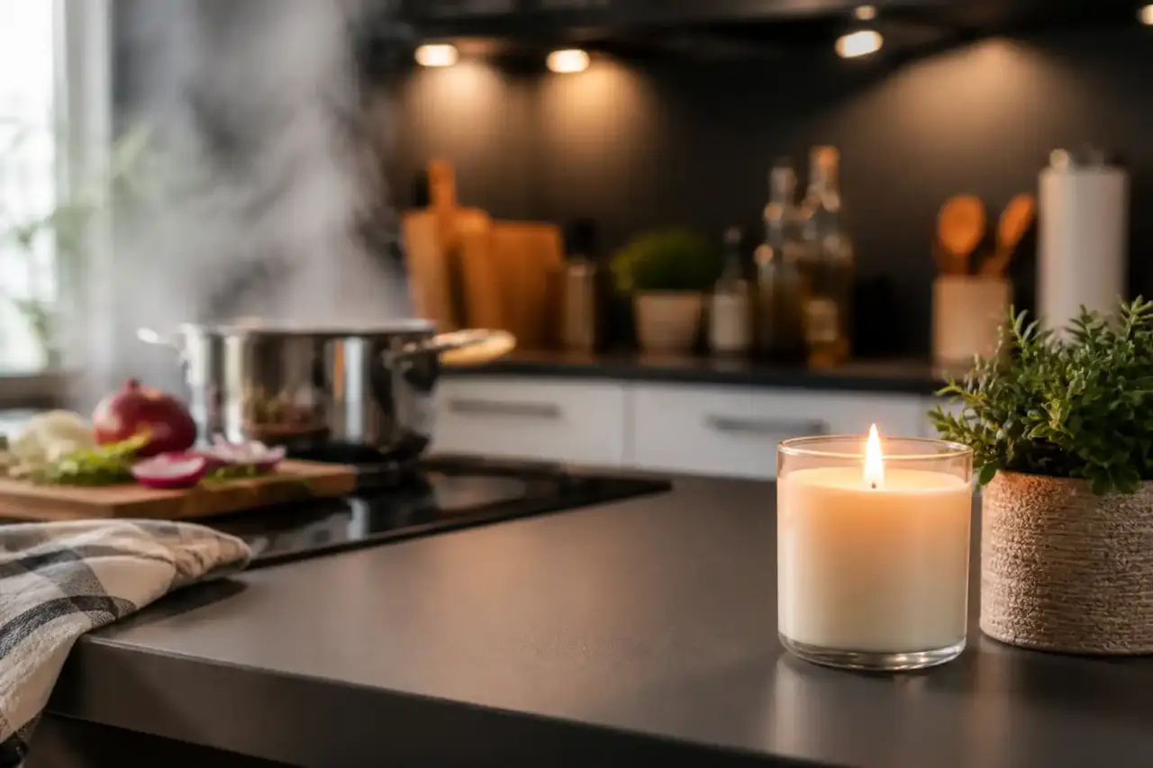 Bougie anti-odeurs en cuisine dans une ambiance chaleureuse