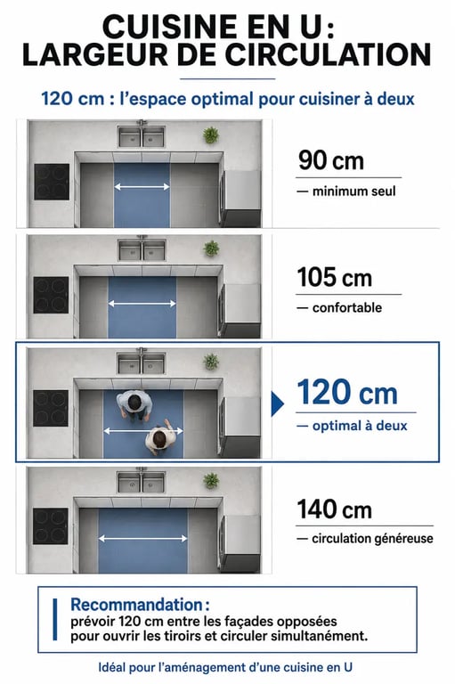 Infographie sur les dimensions et circulation pour aménager une cuisine en U
