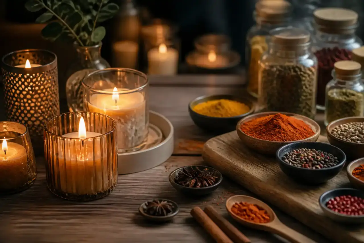 Cuisine chaleureuse avec bougie artisanale et herbes aromatiques