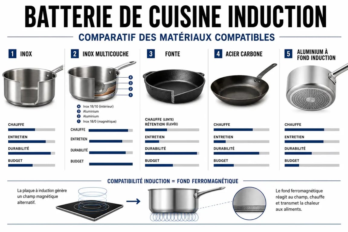 Batterie de cuisine induction : comparaison des matériaux compatibles, de la chauffe, de l’entretien et de la durabilité