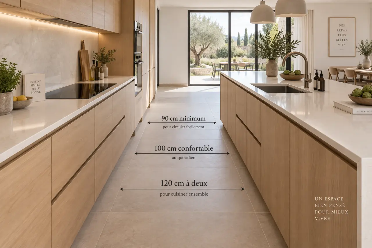 Quelle distance entre plan de travail et îlot central ? 90 cm minimum, 100 cm confortable, 120 cm à deux