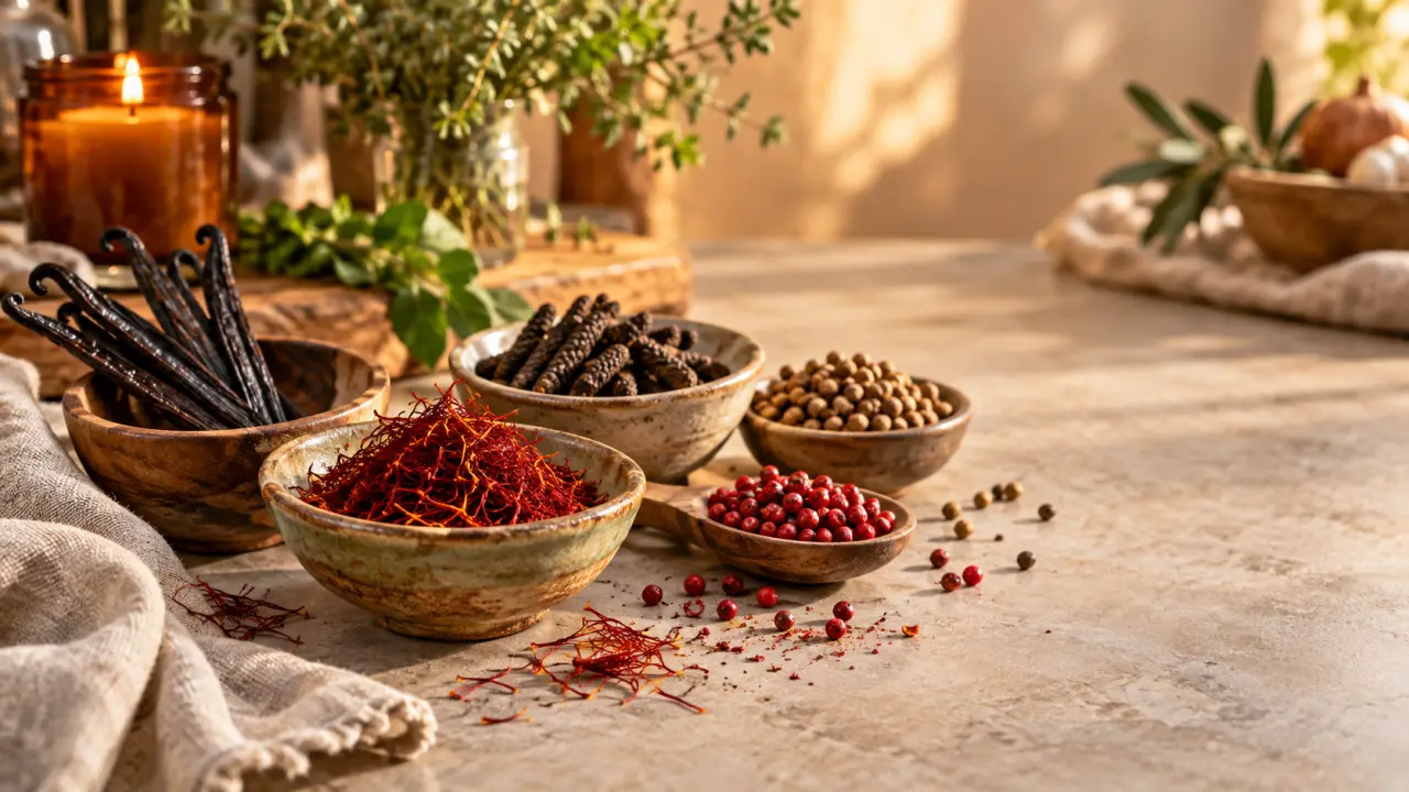 Épices rares et herbes aromatiques disposées sur une table de cuisine chaleureuse