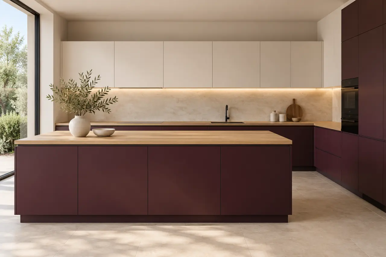 Cuisine violette aubergine avec meubles bas colorés, meubles hauts blanc cassé, bois clair et crédence lumineuse