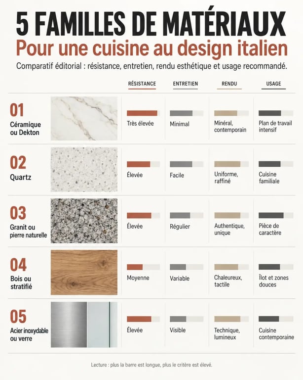 Design italien cuisine : comparaison visuelle des matériaux, de leur résistance et de leur entretien