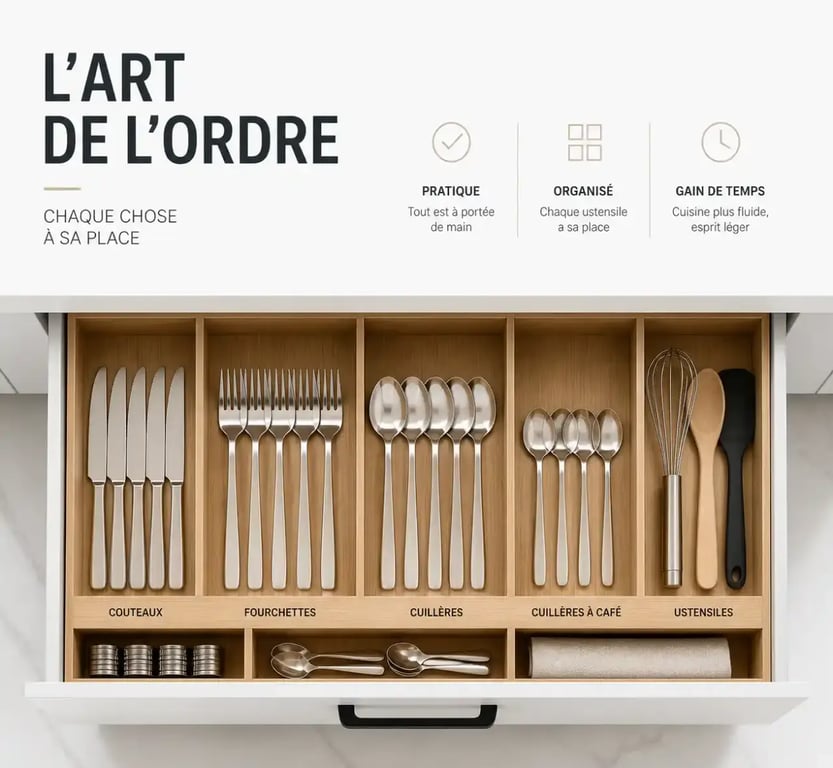 Rangement pour couverts organisé dans un tiroir de cuisine avec des compartiments en bois