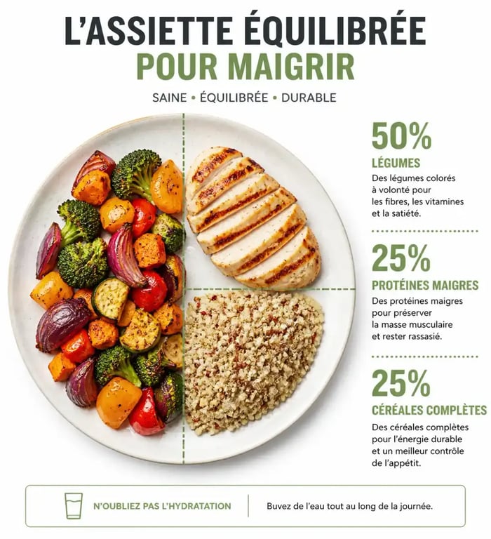 Assiette équilibrée pour recette perte de poids avec légumes, protéines et glucides complexes