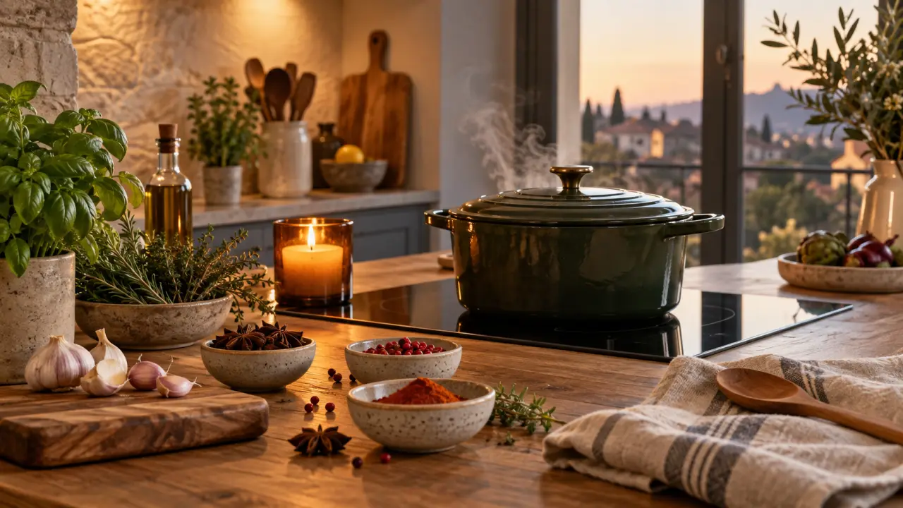 Cuisine chaleureuse préparée pour un dîner, avec épices, herbes fraîches et bougie artisanale