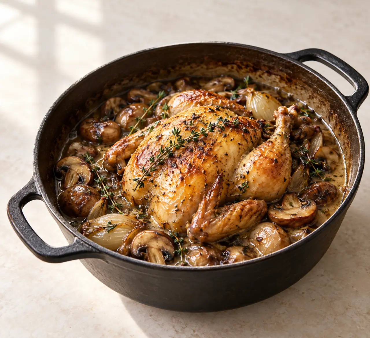 Recette coquelet mijoté aux champignons, oignons et thym servi en cocotte