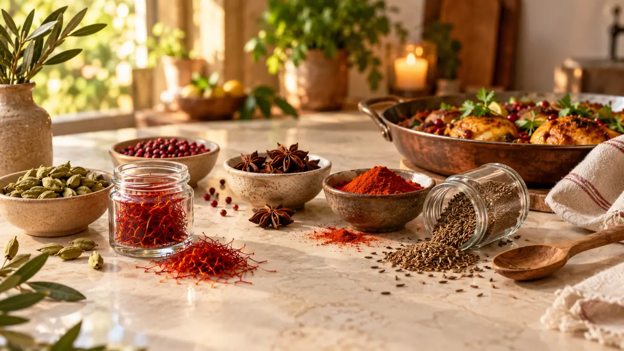 Épices rares et herbes aromatiques disposées sur un plan de travail de cuisine