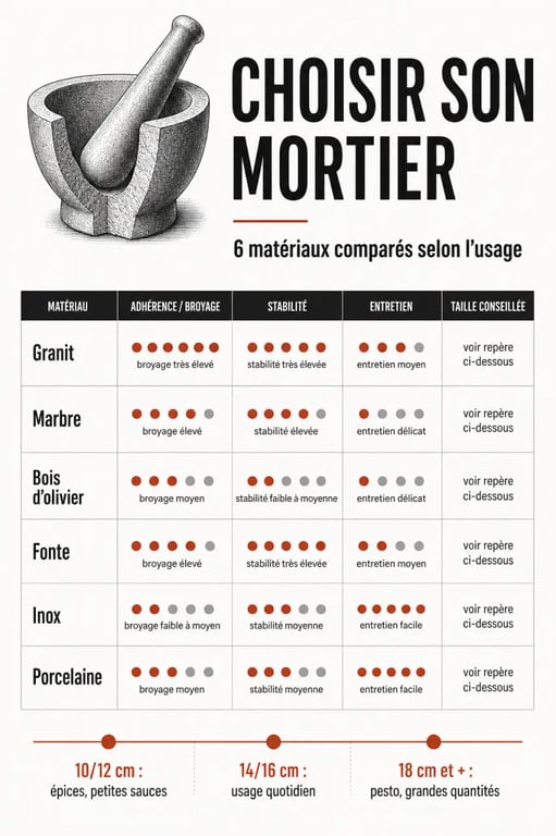 Infographie comparative mortier cuisine sur les matériaux et la taille idéale
