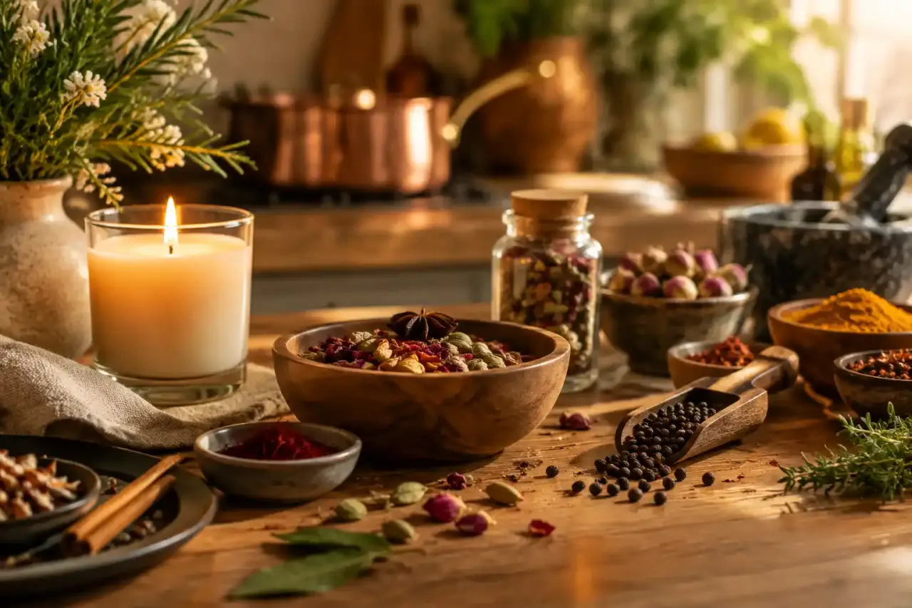 Cuisine chaleureuse avec des épices rares, des herbes fraîches et une bougie artisanale
