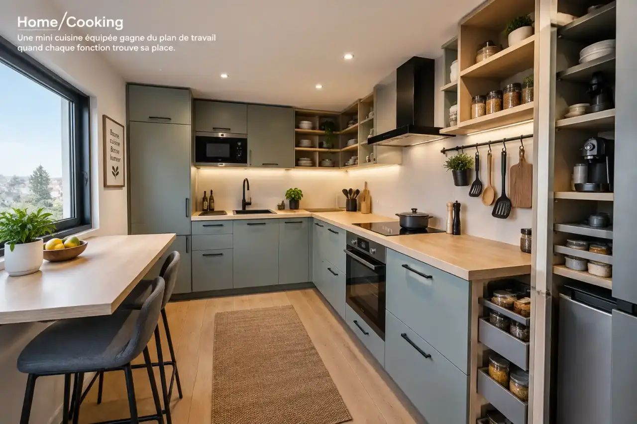Une mini cuisine équipée gagne du plan de travail quand chaque fonction trouve sa place