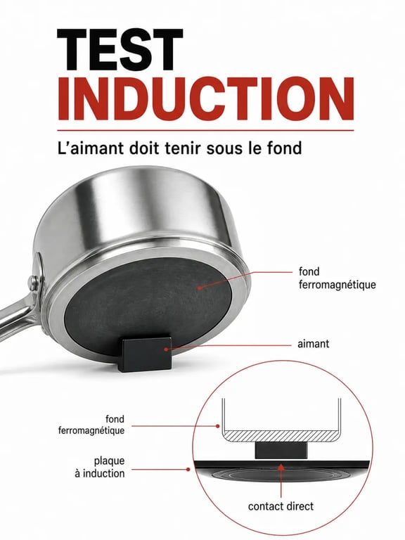 Test de compatibilité d’une batterie de cuisine induction avec un aimant sous la casserole