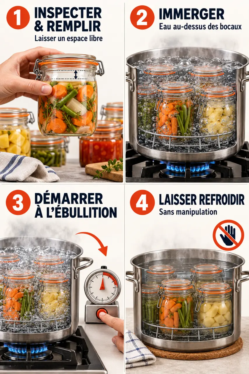 Étapes illustrées d'un tableau de stérilisation Le Parfait avec immersion des bocaux et démarrage du minuteur à l'ébullition