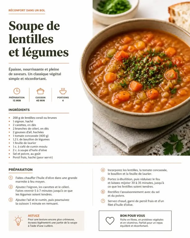 Soupe complète aux légumes et légumineuses pour recette perte de poids