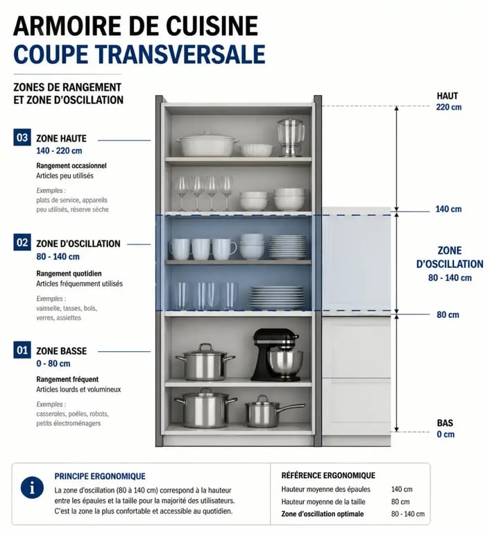 Schéma d'aménagement intérieur d'une armoire de cuisine optimisée pour l'ergonomie