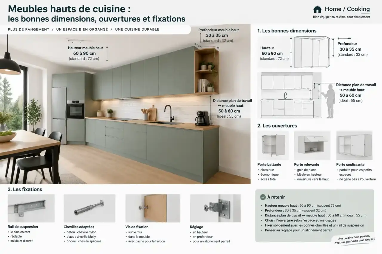 Meubles hauts de cuisine : les bonnes dimensions, ouvertures et fixations