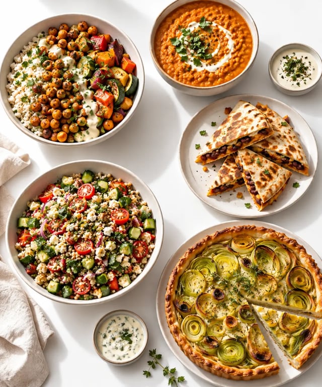 Idées repas végétarien variées avec bols, légumes rôtis, dahl et quesadillas