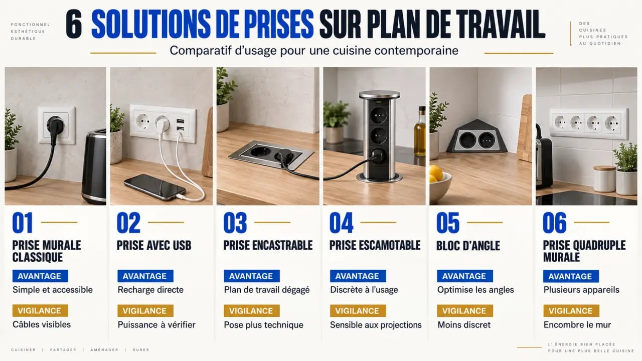 Comparatif visuel des solutions de prise sur plan de travail cuisine