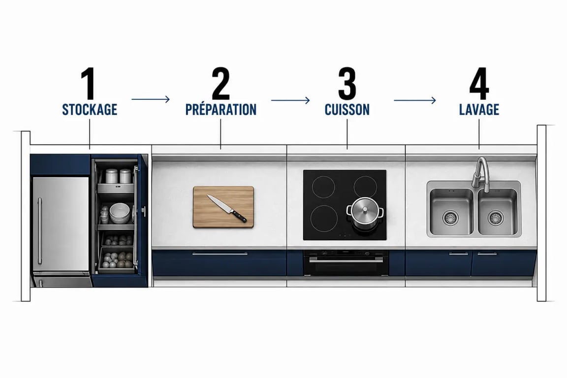 Comment organiser la cuisine en 4 zones, vue du dessus d’une cuisine fonctionnelle