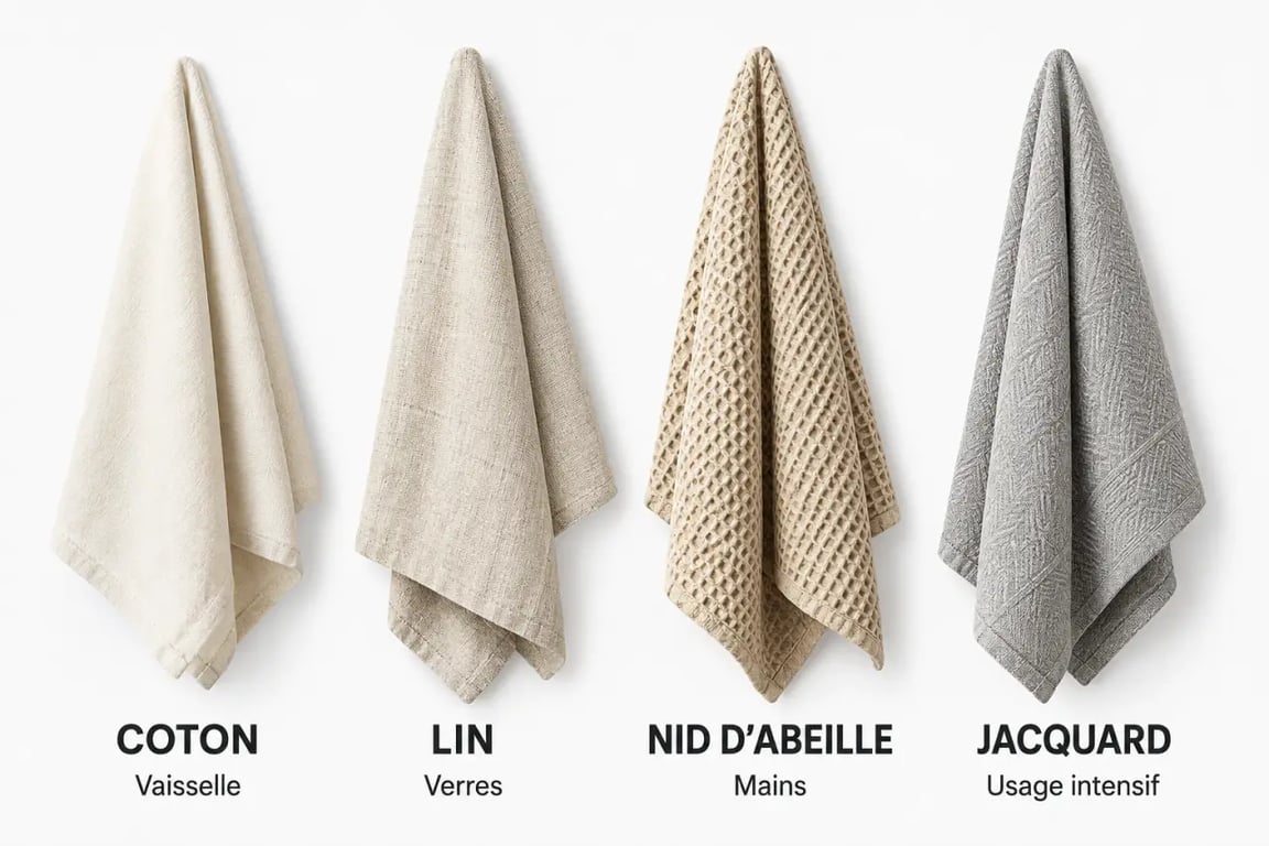 Torchons de cuisine en coton, lin, nid d’abeille et jacquard présentés dans une comparaison visuelle