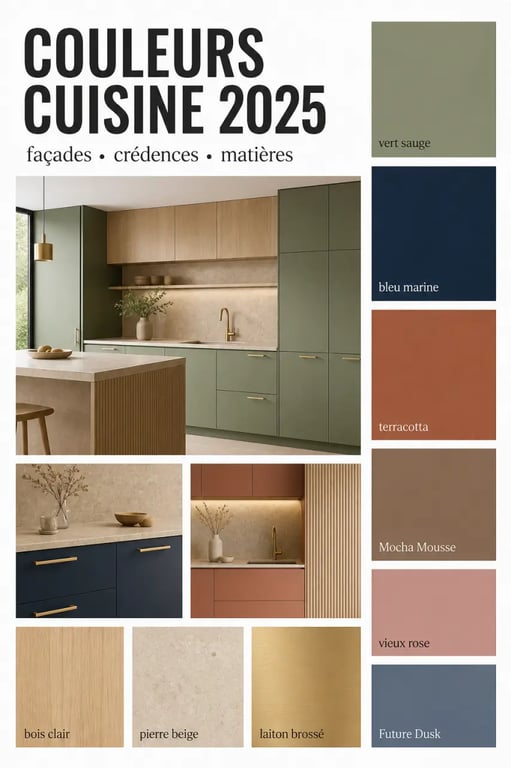 Couleur tendance 2025 cuisine : moodboard de cuisine contemporaine avec verts, bleus, terracotta et tons chaleureux